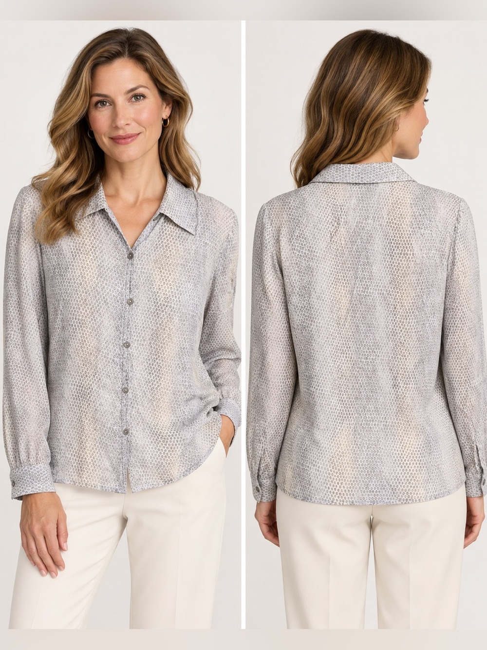 Carlisle Women’s 100% Silk Button-Front Blouse Size 14 Gray Geometric Print